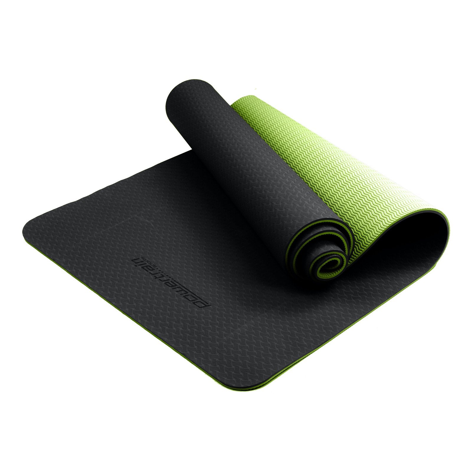 Powertrain Dual Layer TPE Yoga Mat with Carry Strap - Black/Green, 8mm