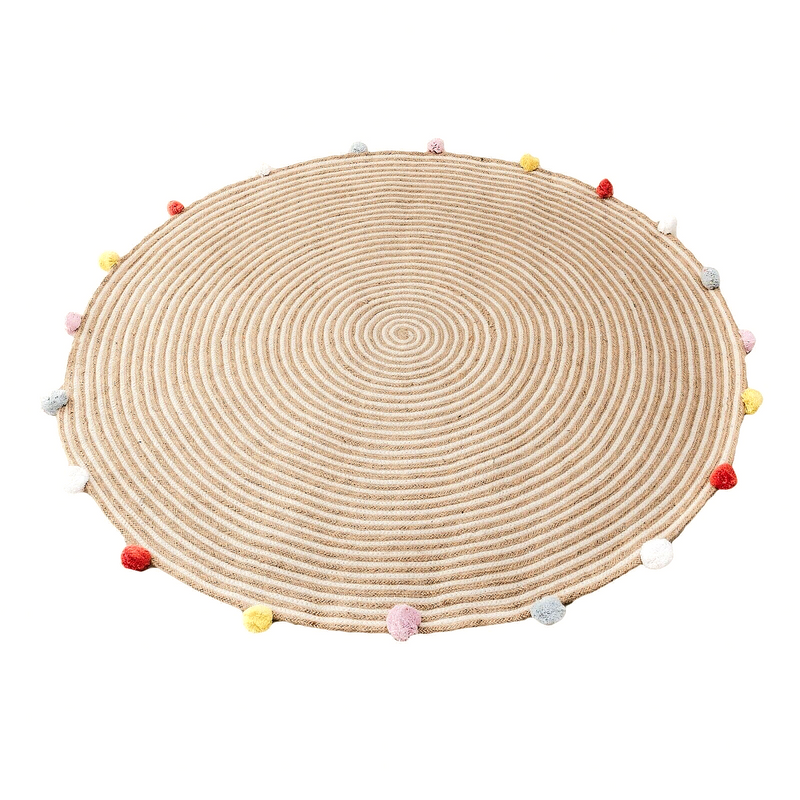 Round Woven Jute Cotton Multicolor Pompom Rug 120 cm - Bohemian Charm - SuperSaverAU - view 3