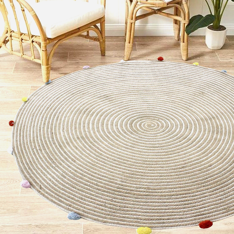 Round Woven Jute Cotton Multicolor Pompom Rug 120 cm - Bohemian Charm - SuperSaverAU - view 1