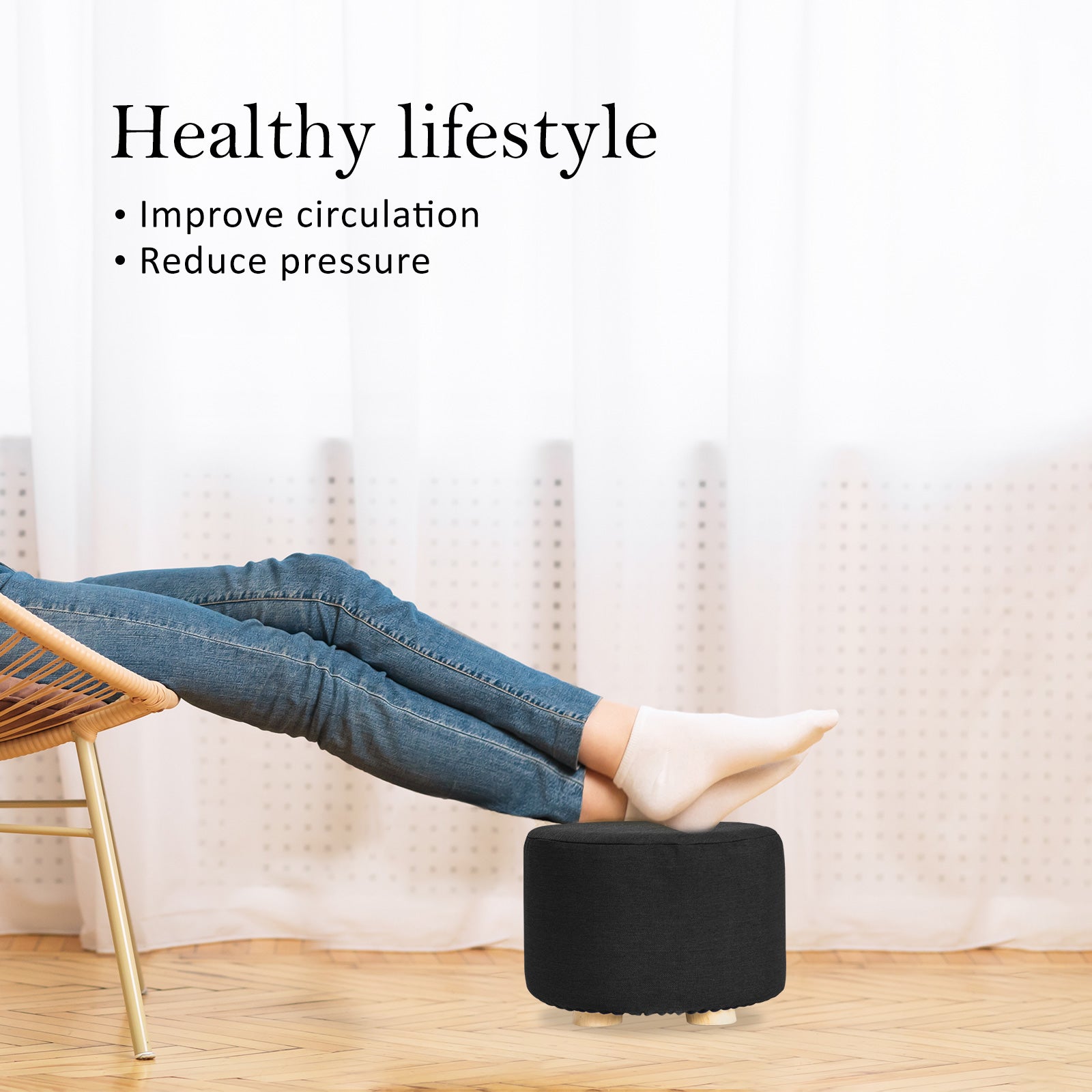 La Bella 2-Set Ottoman Round Foot Stool with Wooden Legs & Faux Linen Fabric - Black - SuperSaverAU - view 3