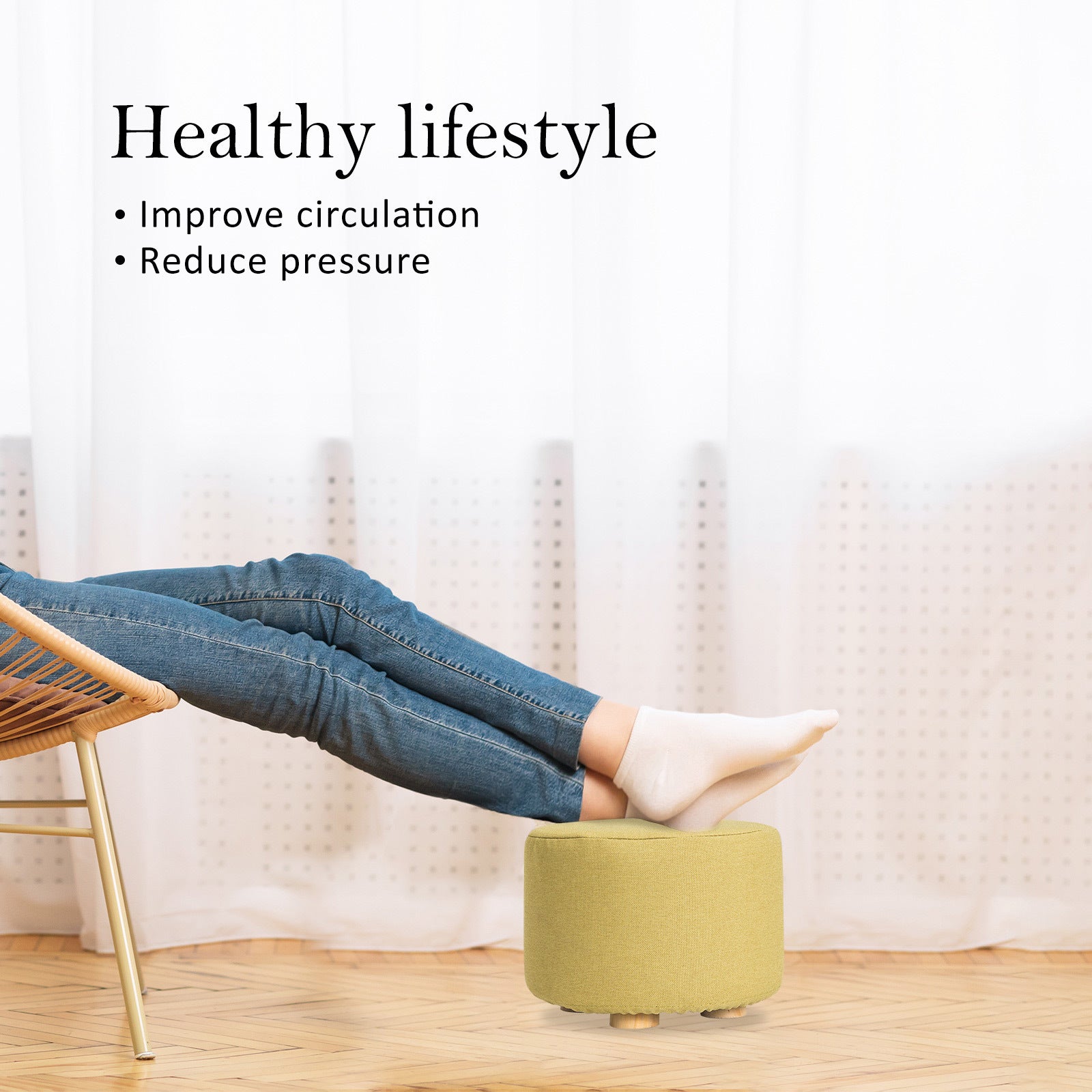 La Bella Ottoman Round Foot Stool with Solid Wood Legs - Mustard Yellow - SuperSaverAU - view 3