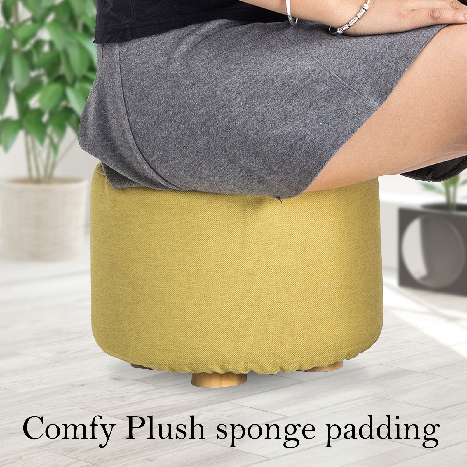 La Bella 2X Ottoman Foot Stool with Solid Wood Legs - Round Mustard Yellow - SuperSaverAU - view 5
