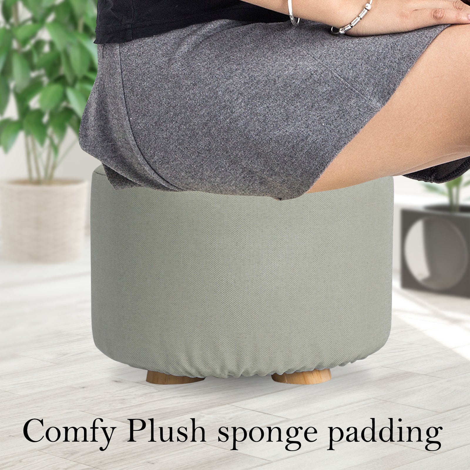 La Bella 2-Pack Ottoman Round Stool with Wooden Legs & Faux Linen Fabric - Grey - SuperSaverAU - view 5