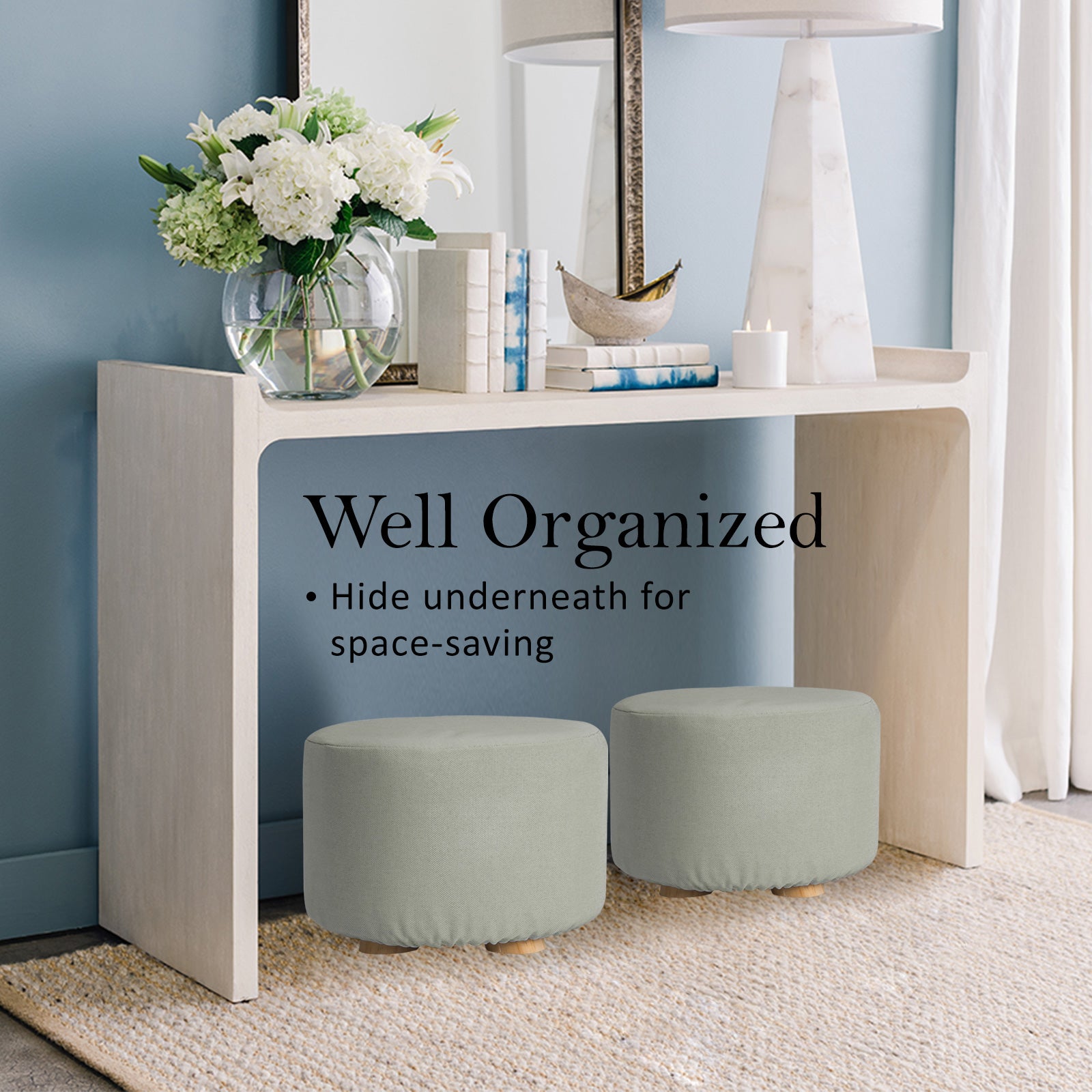 La Bella 2-Pack Ottoman Round Stool with Wooden Legs & Faux Linen Fabric - Grey - SuperSaverAU - view 7