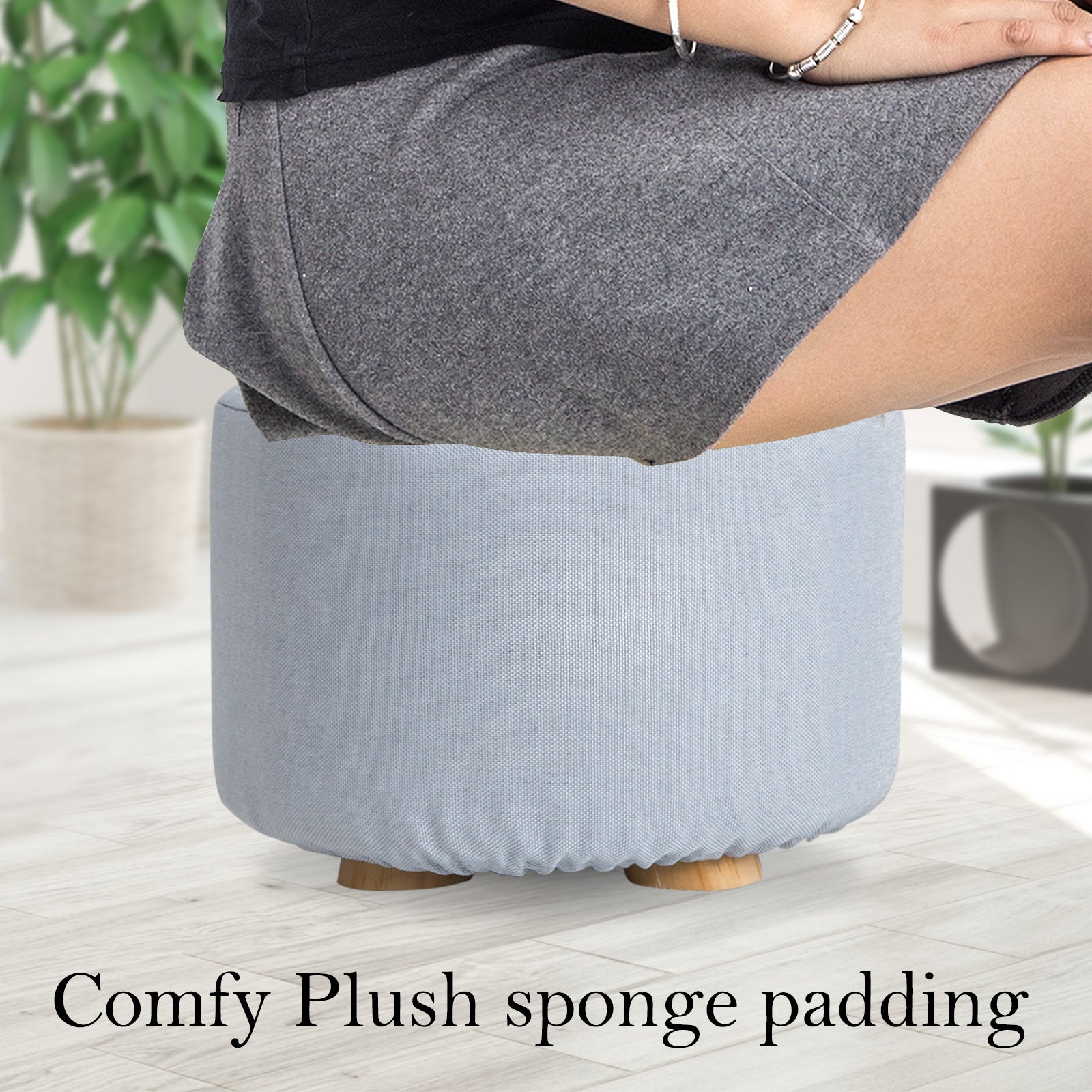 La Bella Round Ottoman Foot Stool with Solid Wooden Legs & Fabric Cover - Light Blue - SuperSaverAU - view 5
