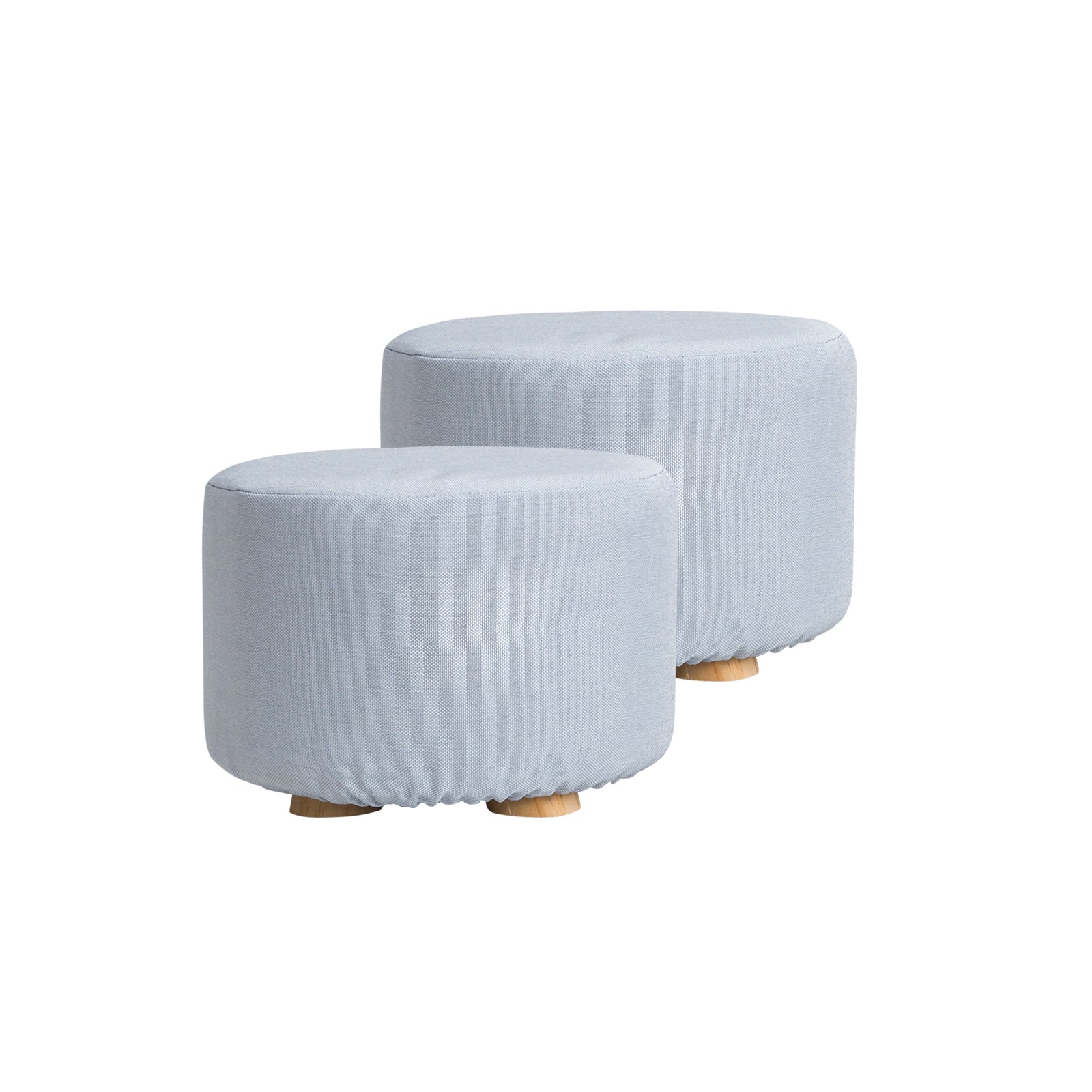 La Bella 2X Ottoman Round Foot Stool with Wooden Leg, Faux Linen Fabric - Light Blue - SuperSaverAU - view 1