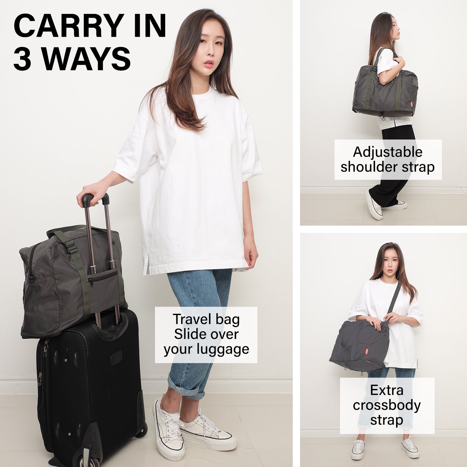 Shopper Bag Travel Duffle Bag Foldable Laptop Luggage Nylon KO-BOSTON KHAKI - SuperSaverAU - view 4