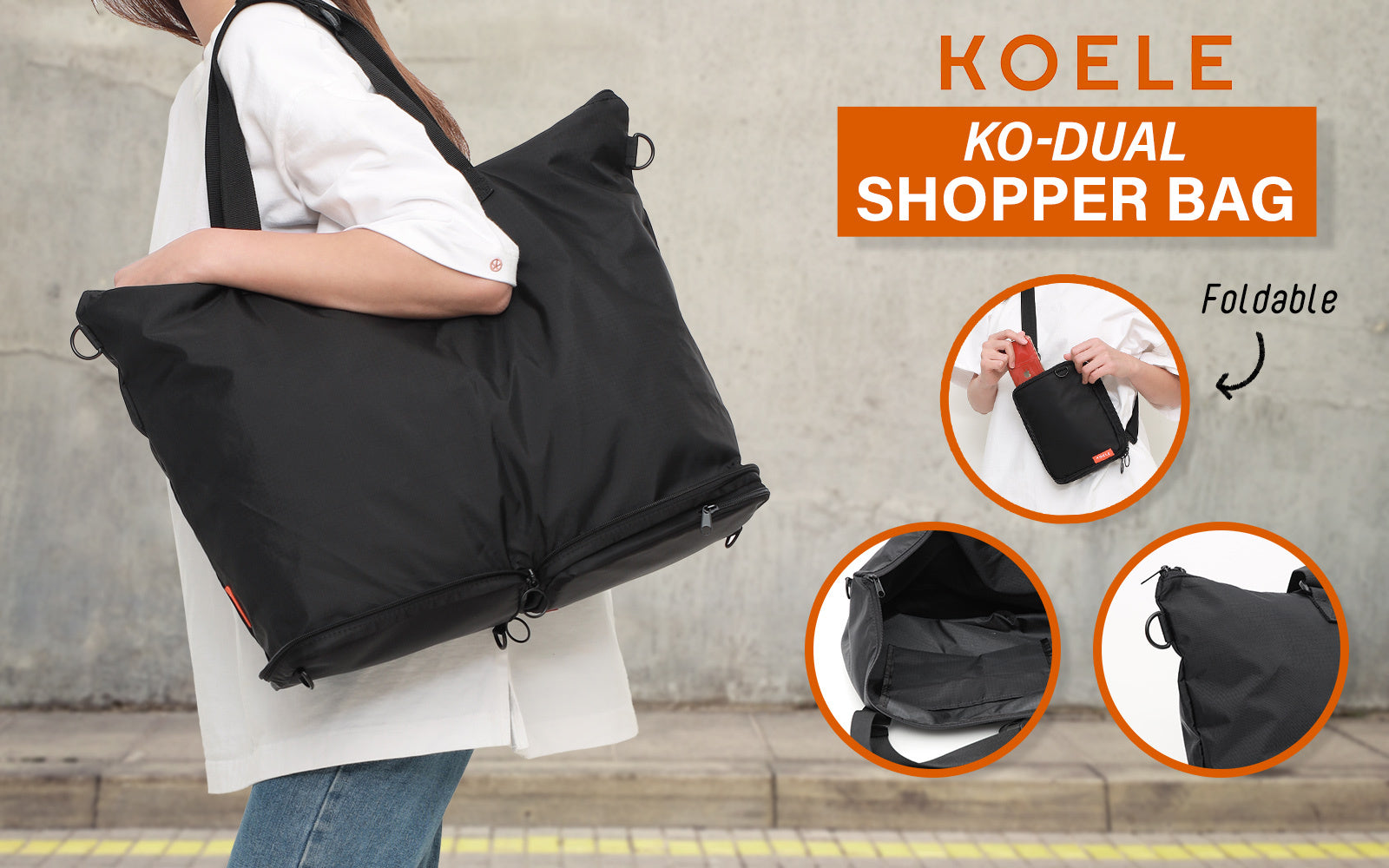 Shopper Bag Tote Bag Foldable Travel Laptop Grocery Nylon KO-DUAL BLACK - SuperSaverAU - view 2