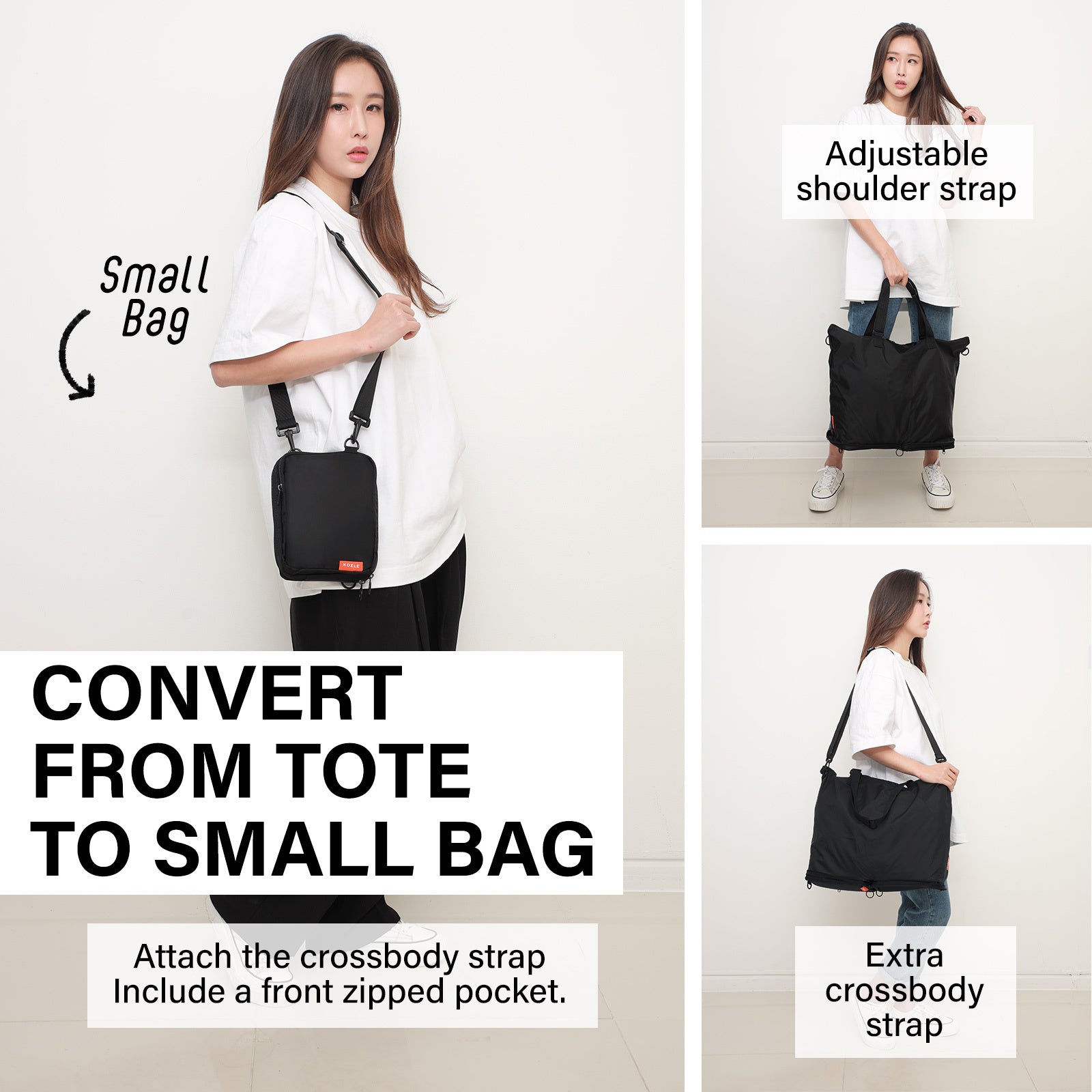 Shopper Bag Tote Bag Foldable Travel Laptop Grocery Nylon KO-DUAL BLACK - SuperSaverAU - view 4