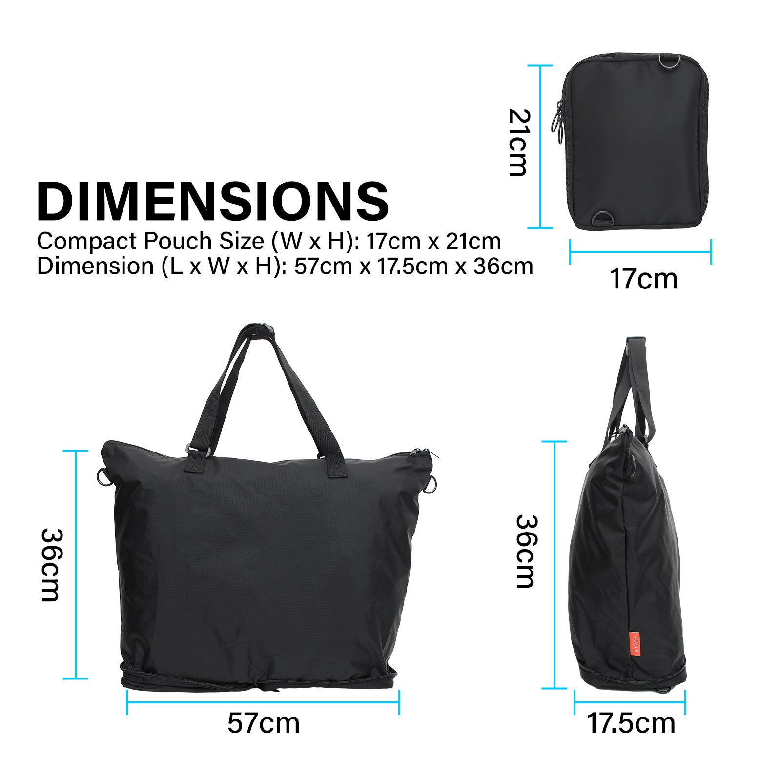 Shopper Bag Tote Bag Foldable Travel Laptop Grocery Nylon KO-DUAL BLACK - SuperSaverAU - view 8