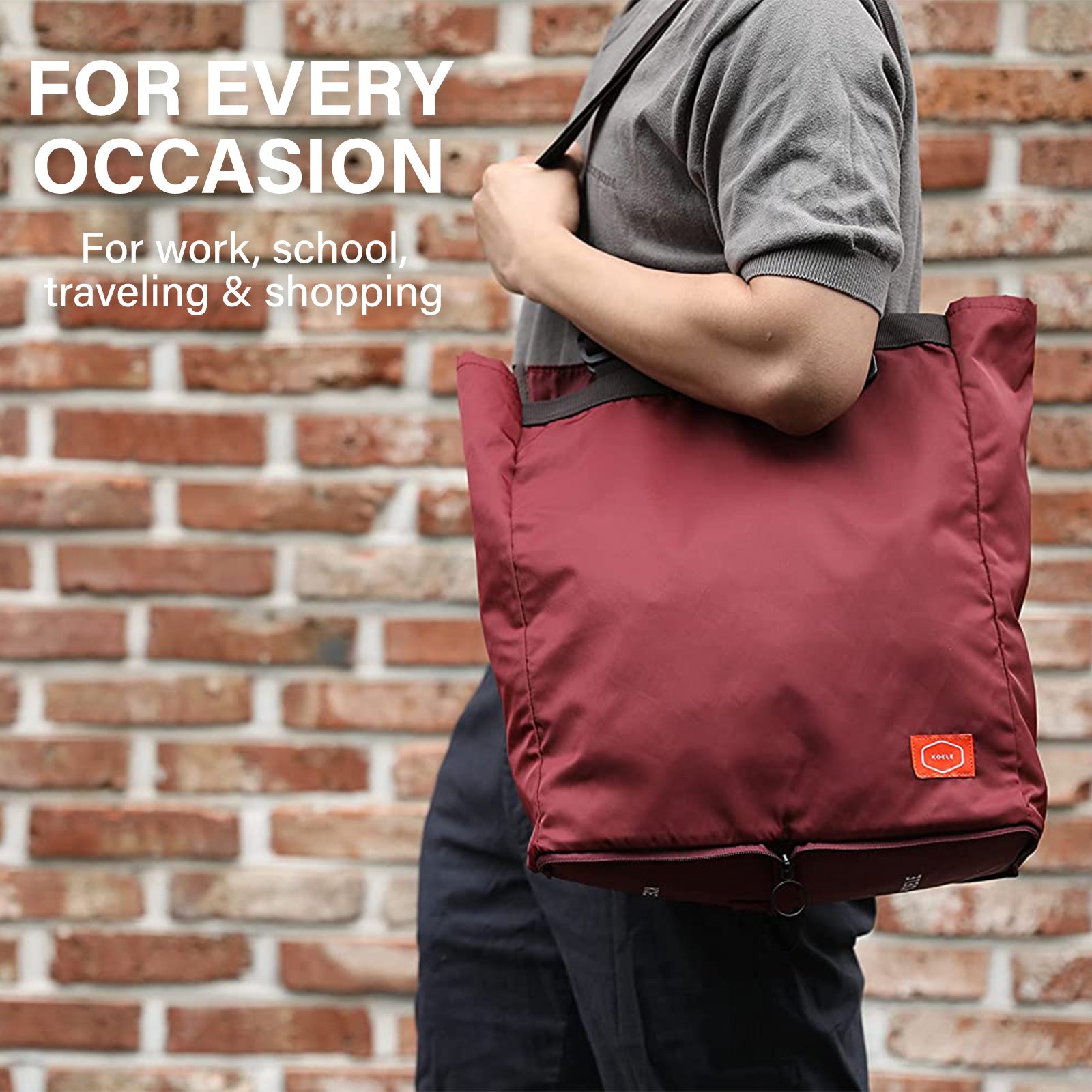 Shopper Bag Tote Bag Foldable Travel Laptop Grocery Nylon KO-SHOULDER WINE - SuperSaverAU - view 3