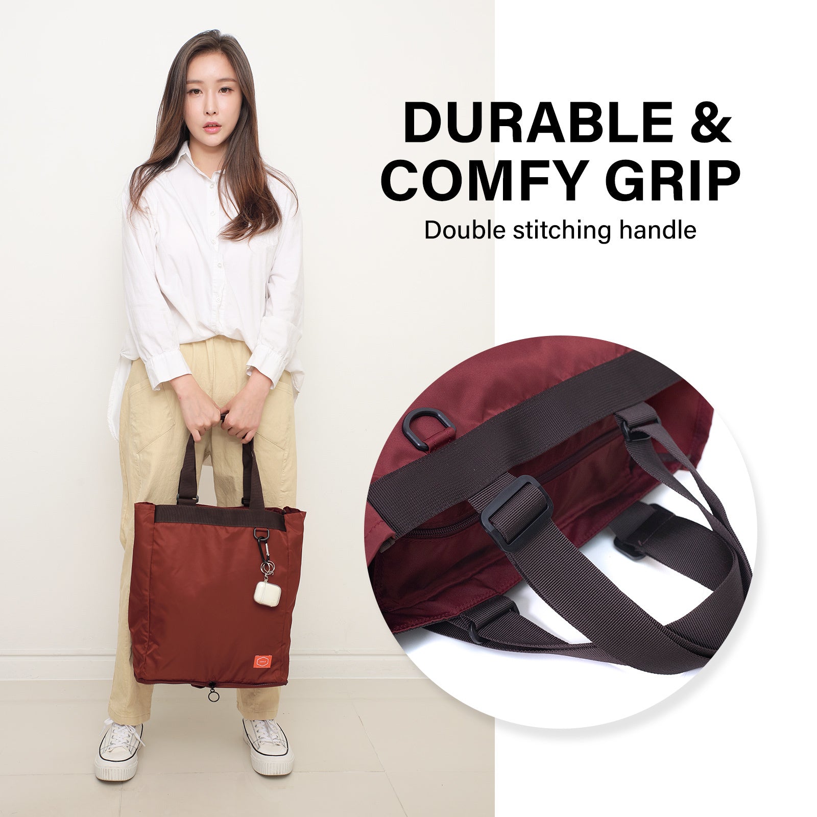 Shopper Bag Tote Bag Foldable Travel Laptop Grocery Nylon KO-SHOULDER WINE - SuperSaverAU - view 6
