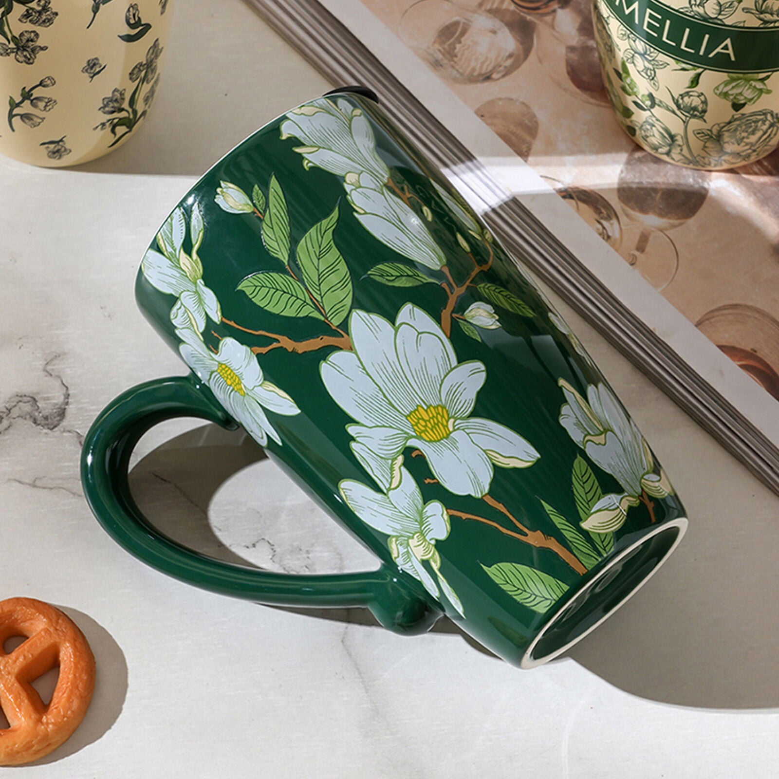 2X High-Fired Ceramic Porcelain Mug with Travel Lid 600ml - Vintage Floral, Green - SuperSaverAU - view 2