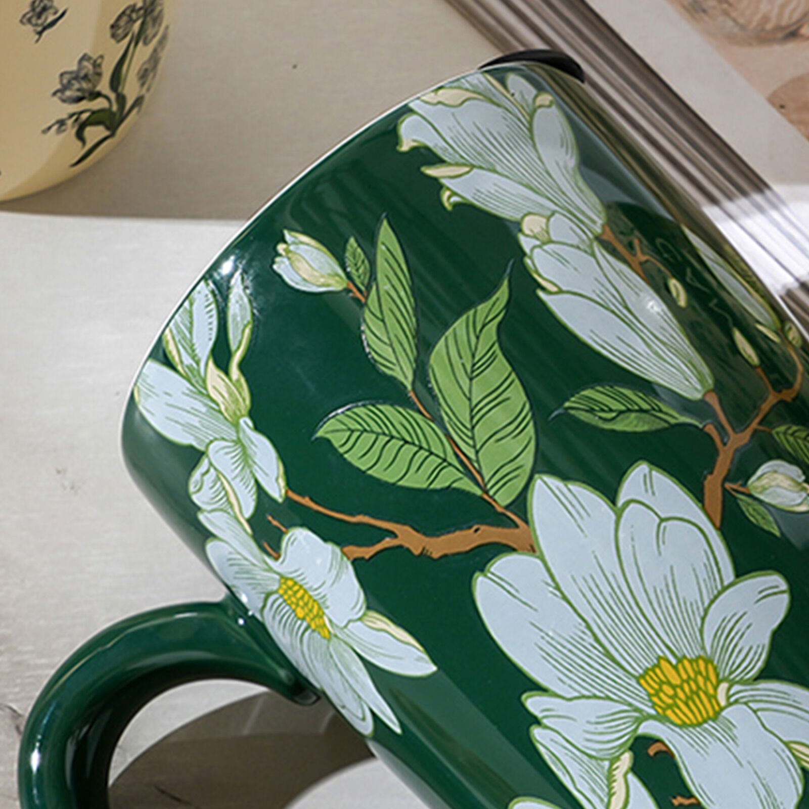 2X High-Fired Ceramic Porcelain Mug with Travel Lid 600ml - Vintage Floral, Green - SuperSaverAU - view 5