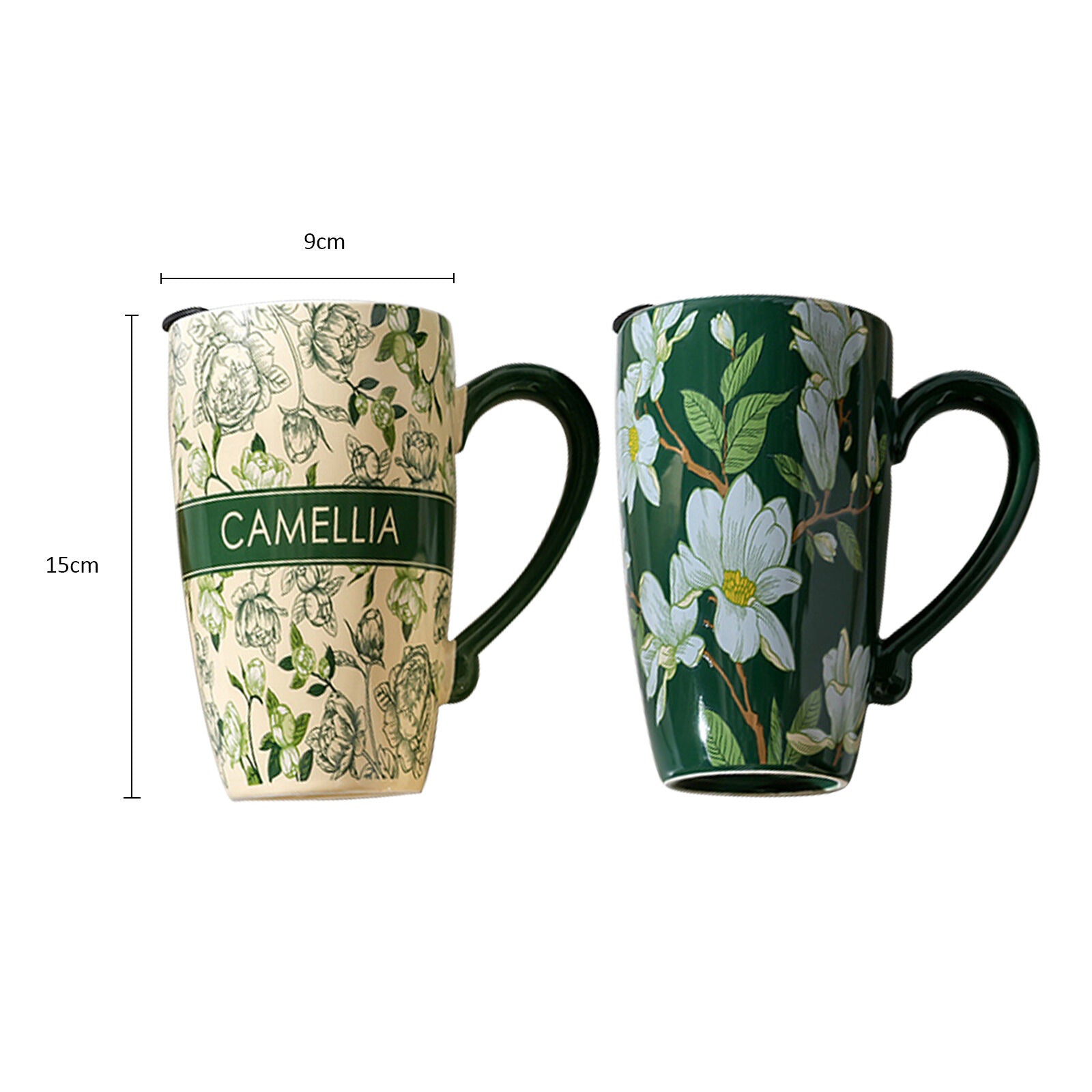 2X High-Fired Ceramic Porcelain Mug with Travel Lid 600ml - Vintage Floral, Green - SuperSaverAU - view 8