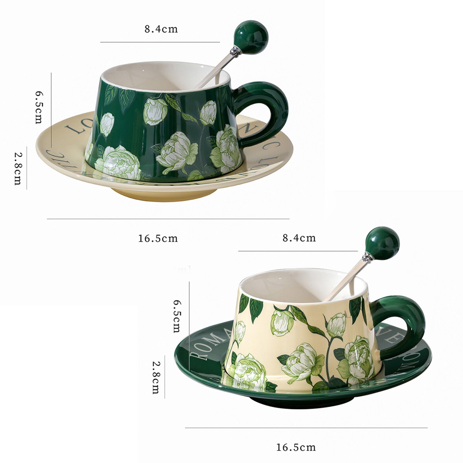 2X High-Fired Ceramic Porcelain Cup & Saucer Set 300ml - Vintage Floral, Green - SuperSaverAU - view 10
