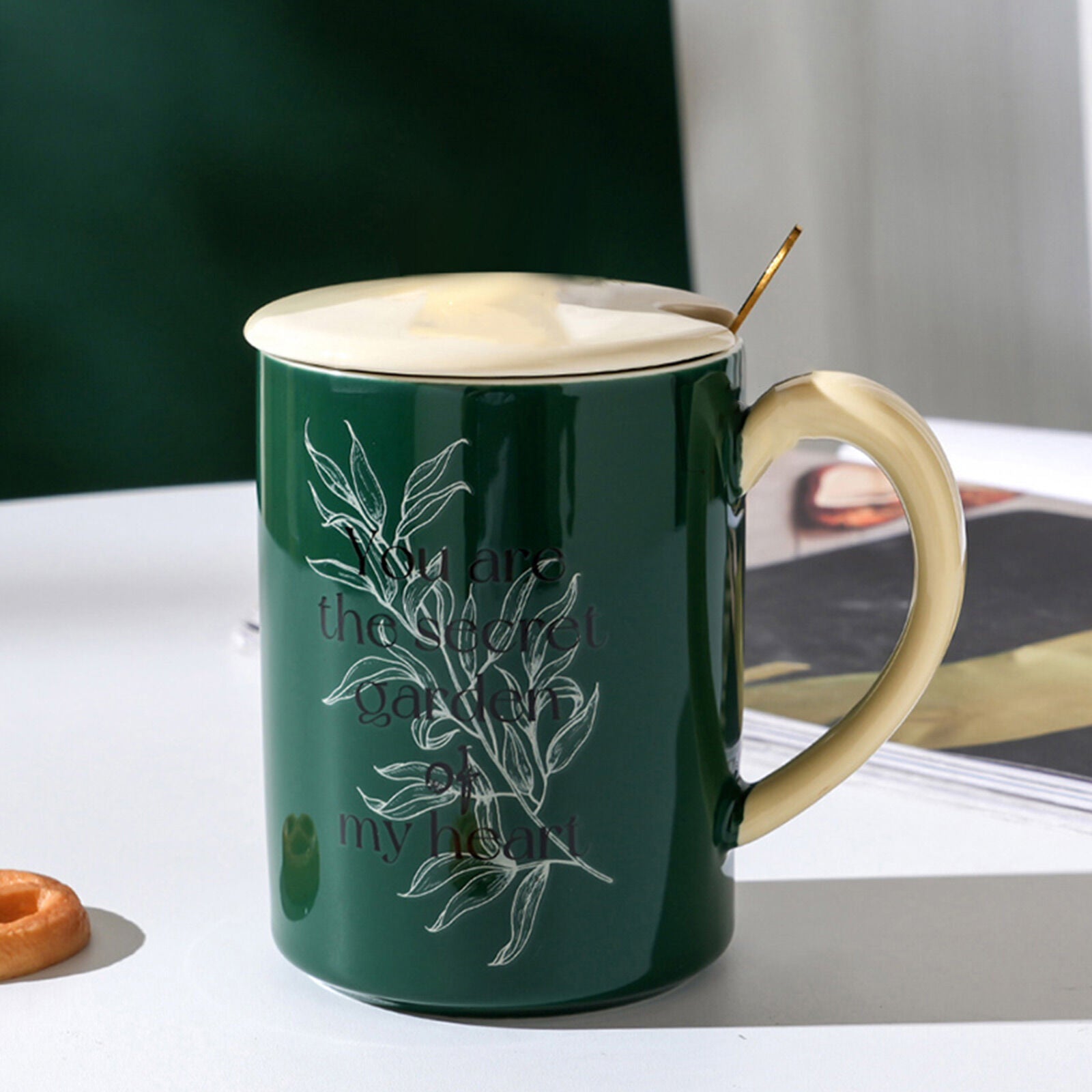 2X High-Fired Ceramic Porcelain Mug Set with Lid 400ml - Secret Garden Design, Cream - SuperSaverAU - view 3