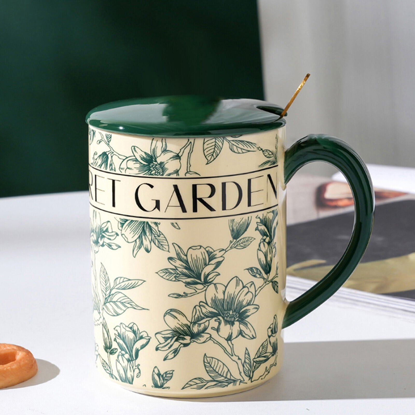 2X High-Fired Ceramic Porcelain Mug Set with Lid 400ml - Secret Garden Design, Green - SuperSaverAU - view 2