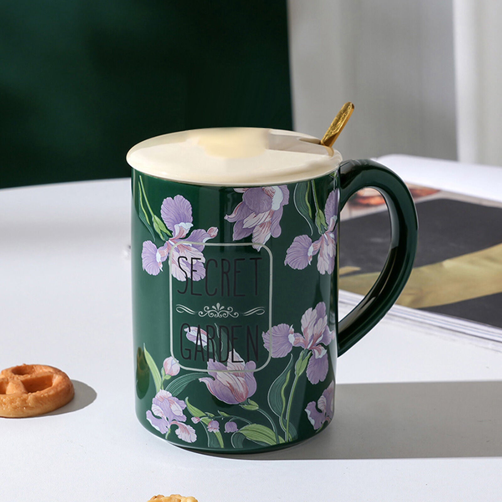2X High-Fired Ceramic Porcelain Mug Set with Lid 400ml - Secret Garden Design, Green - SuperSaverAU - view 3
