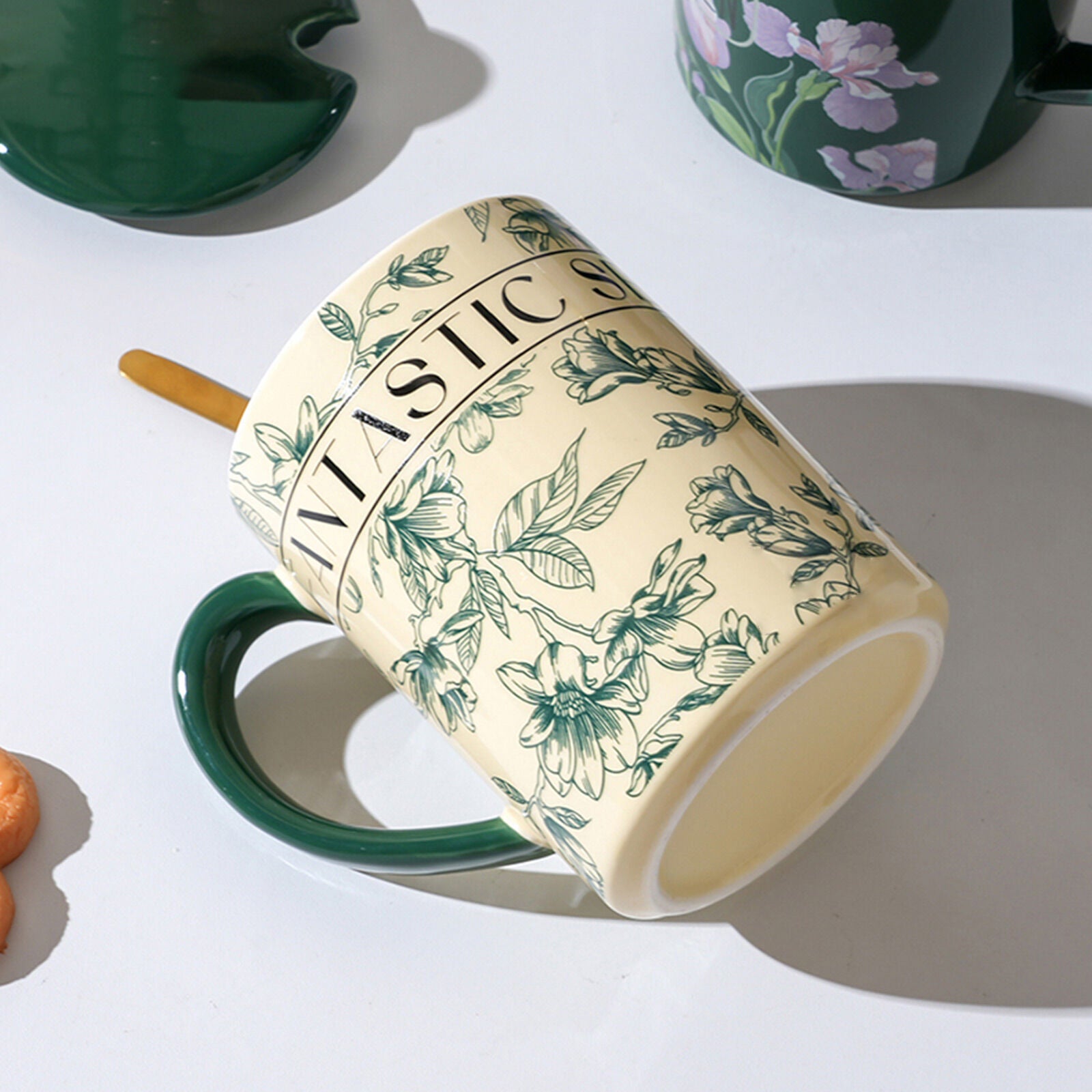 2X High-Fired Ceramic Porcelain Mug Set with Lid 400ml - Secret Garden Design, Green - SuperSaverAU - view 5