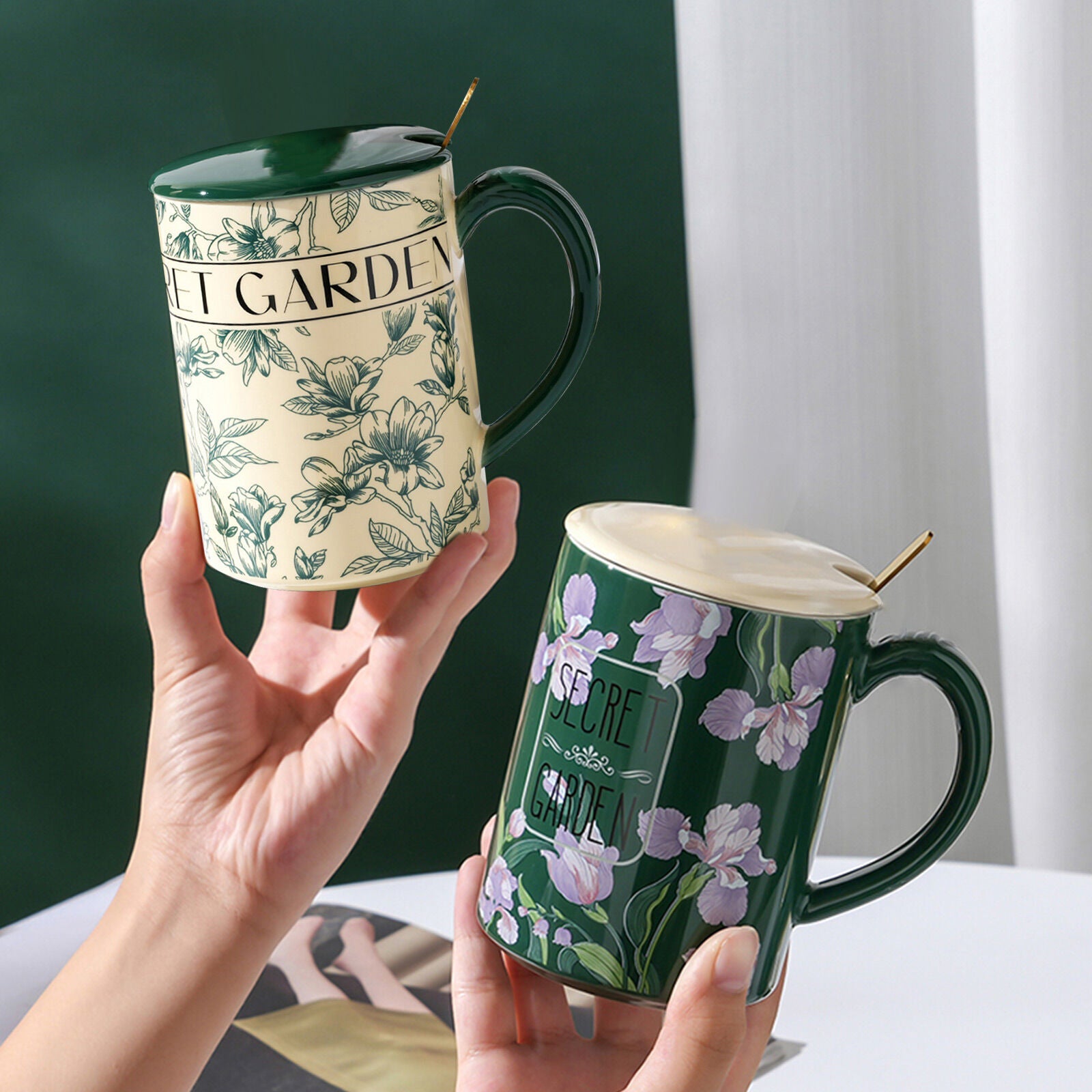 2X High-Fired Ceramic Porcelain Mug Set with Lid 400ml - Secret Garden Design, Green - SuperSaverAU - view 6