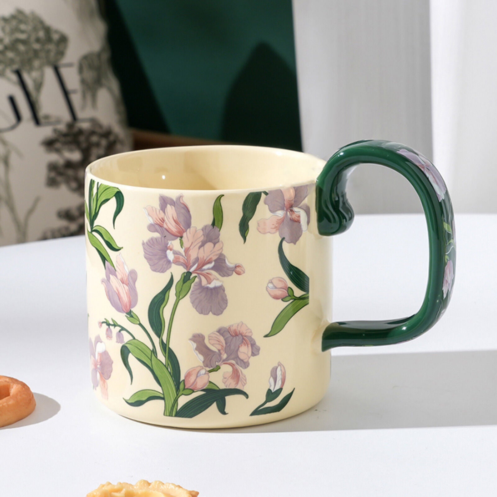 2X High-Fired Ceramic Porcelain Mug Set with Lid 400ml - Vintage Floral, Green - SuperSaverAU - view 2