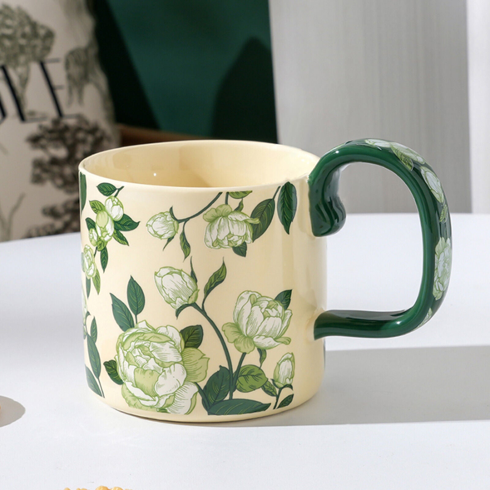 2X High-Fired Ceramic Porcelain Mug Set with Lid 400ml - Vintage Floral, Green - SuperSaverAU - view 3