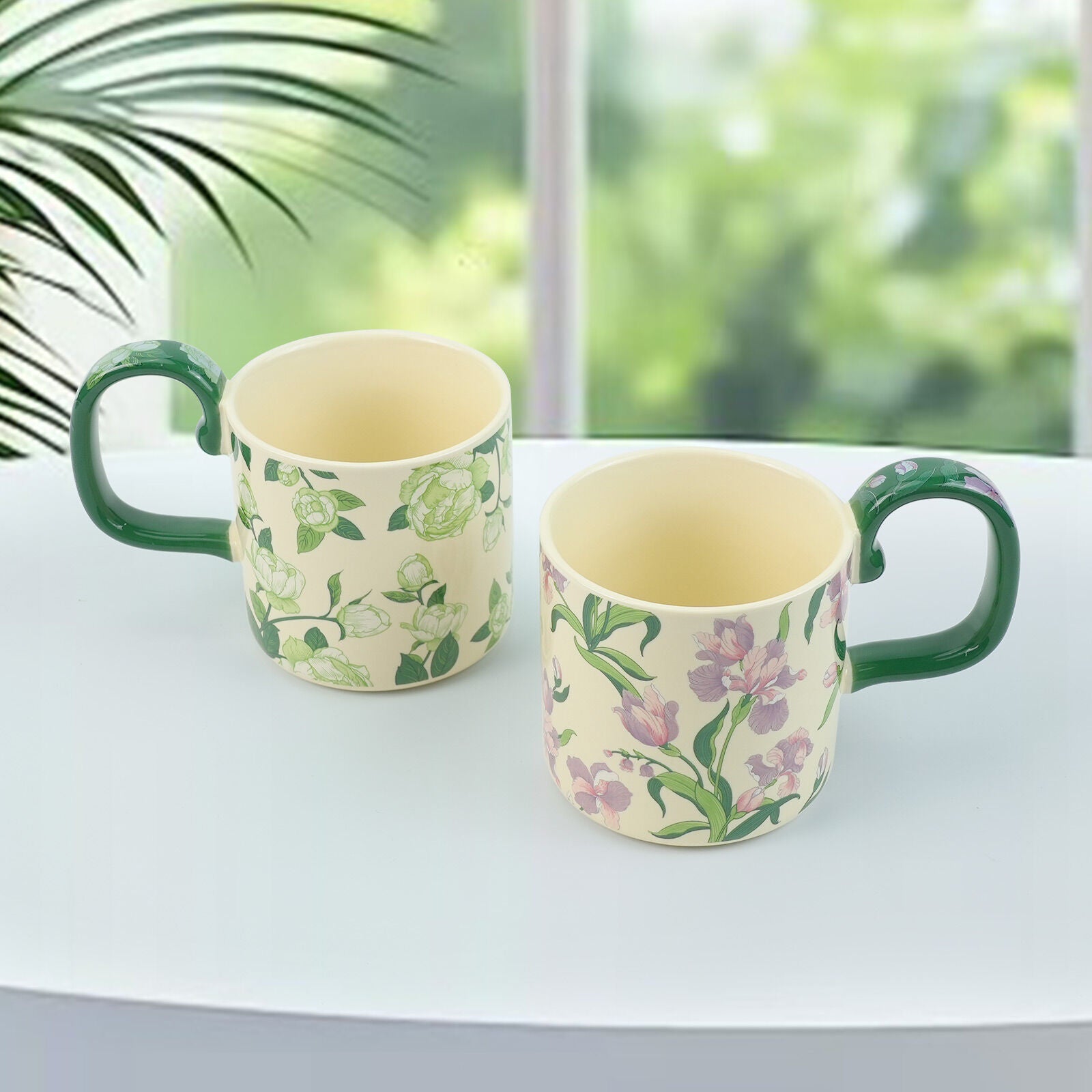 2X High-Fired Ceramic Porcelain Mug Set with Lid 400ml - Vintage Floral, Green - SuperSaverAU - view 7