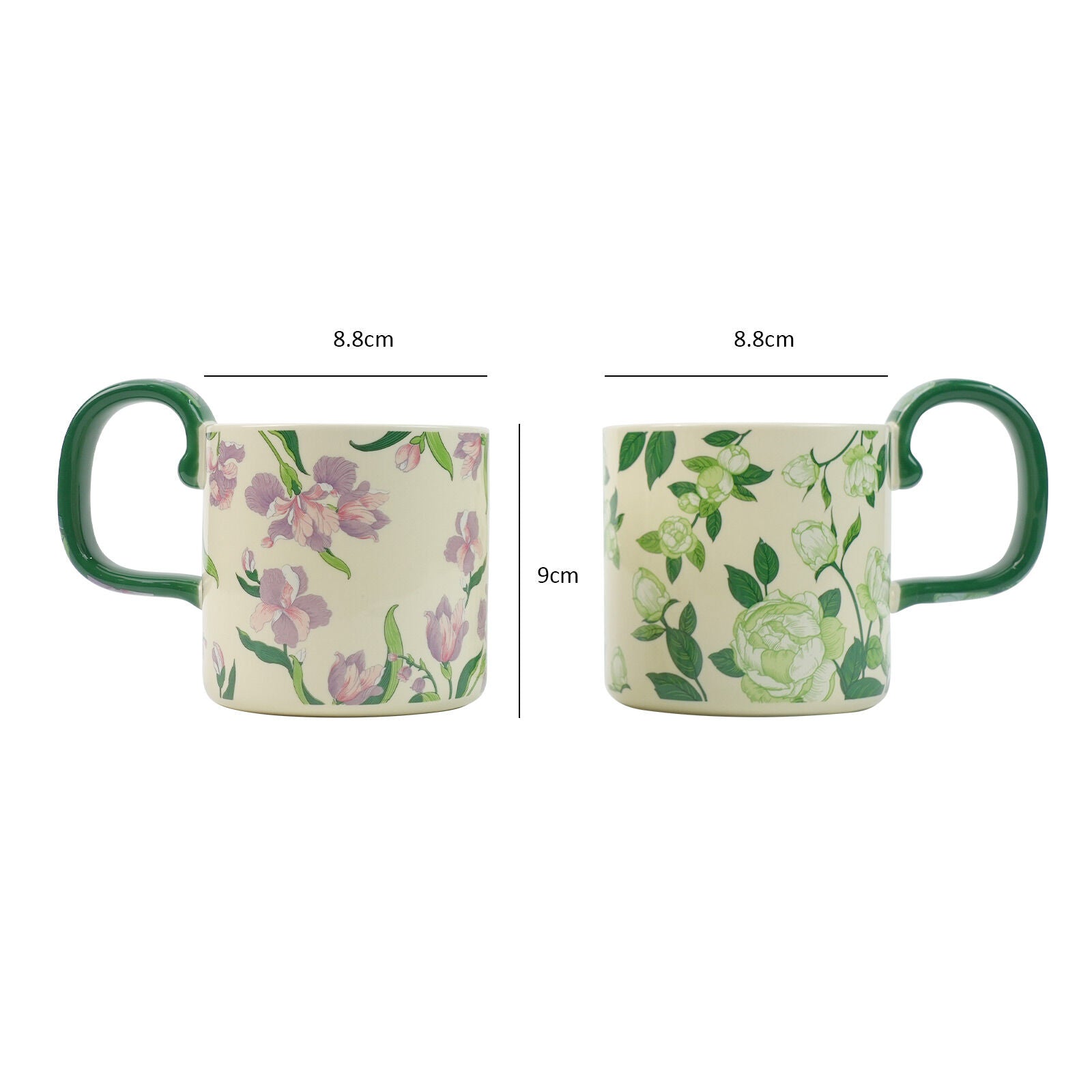 2X High-Fired Ceramic Porcelain Mug Set with Lid 400ml - Vintage Floral, Green - SuperSaverAU - view 10