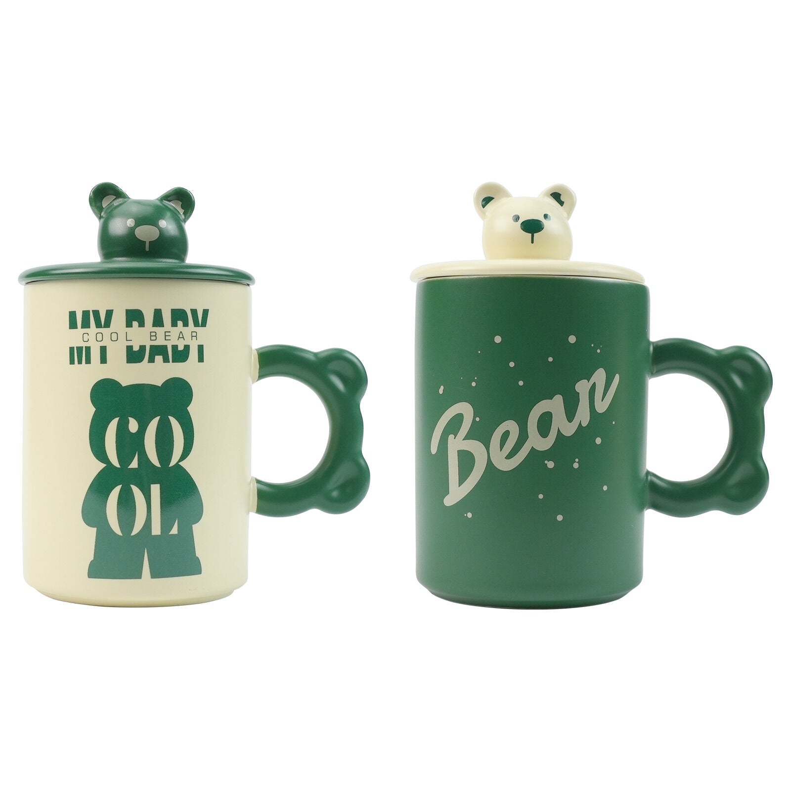 2X High-Fired Ceramic Porcelain Mug Set with Lid 400ml - Bear Design, Green - SuperSaverAU - view 1