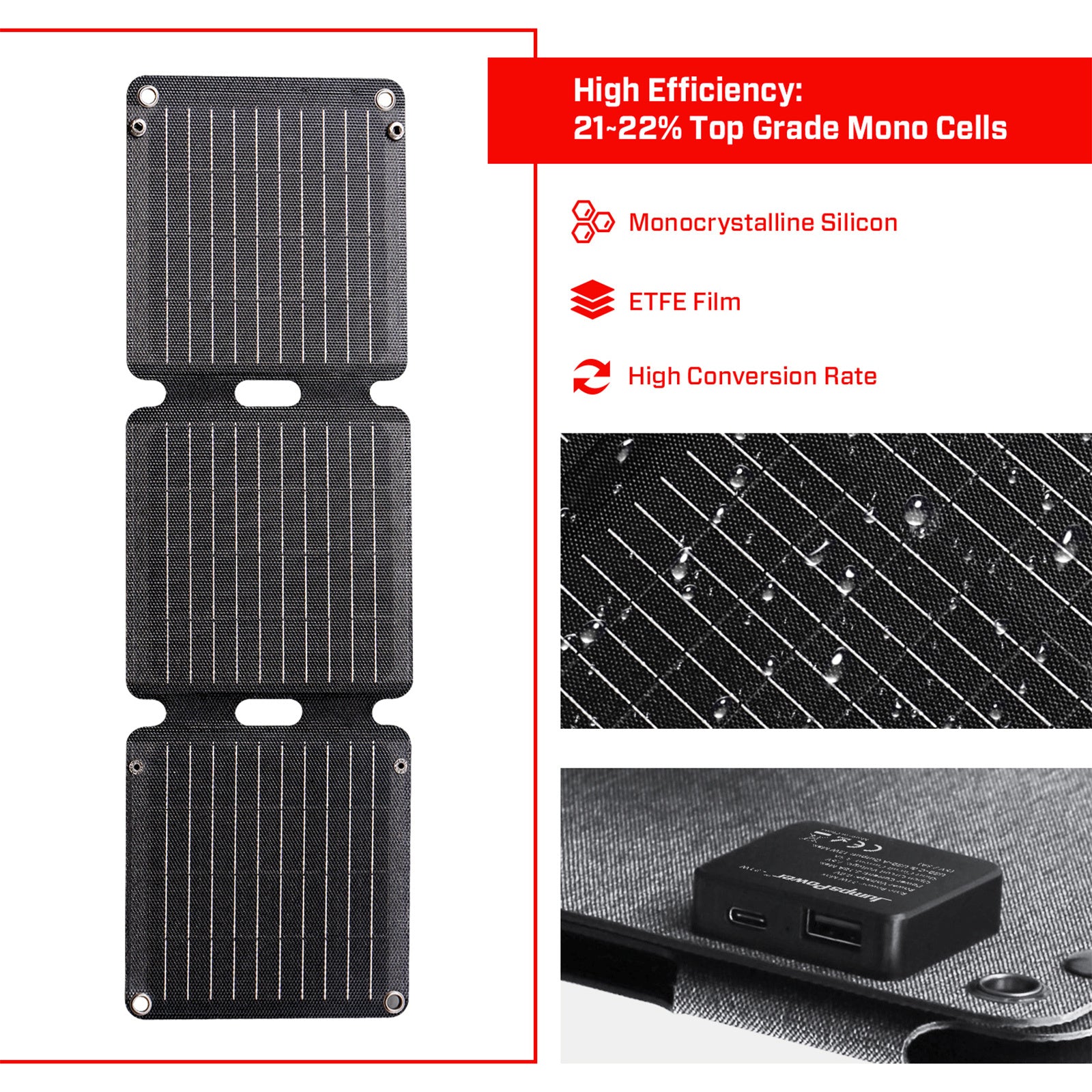 JumpsPower 21W Portable Solar Panel Charger, Foldable, IP67 Waterproof, USB-C/A - SuperSaverAU - view 4