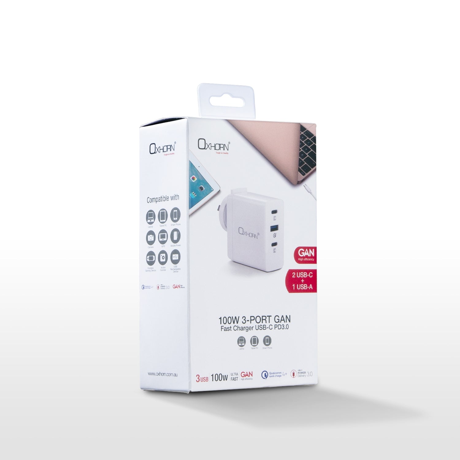 Oxhorn 100W GaN Fast Charger, PD3.0, 3-Port, Compact, Worldwide Compatible - SuperSaverAU - view 4