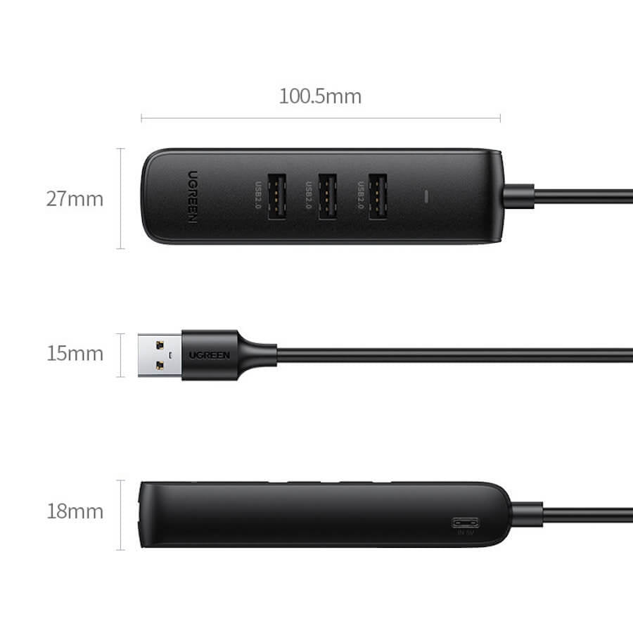 UGREEN 20984 USB 2.0 to 3 x USB2.0 with RJ45 (100Mbps) Ethernet Adapter (Black) - SuperSaverAU - view 10