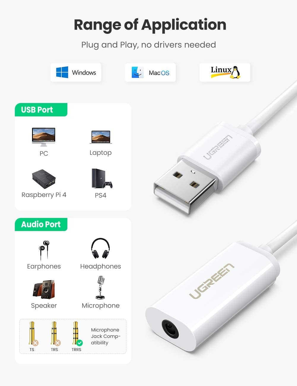 UGREEN USB A Male to 3.5 mm Aux Cable (White) - SuperSaverAU - view 2