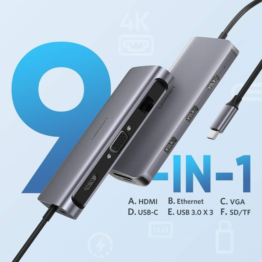 UGREEN Type C 9 in 1 Multifunction Adapter- HDMI/ VGA/Gigabit/TypeC/USB3.0 x 3/SD/TF (40873) - SuperSaverAU - view 1