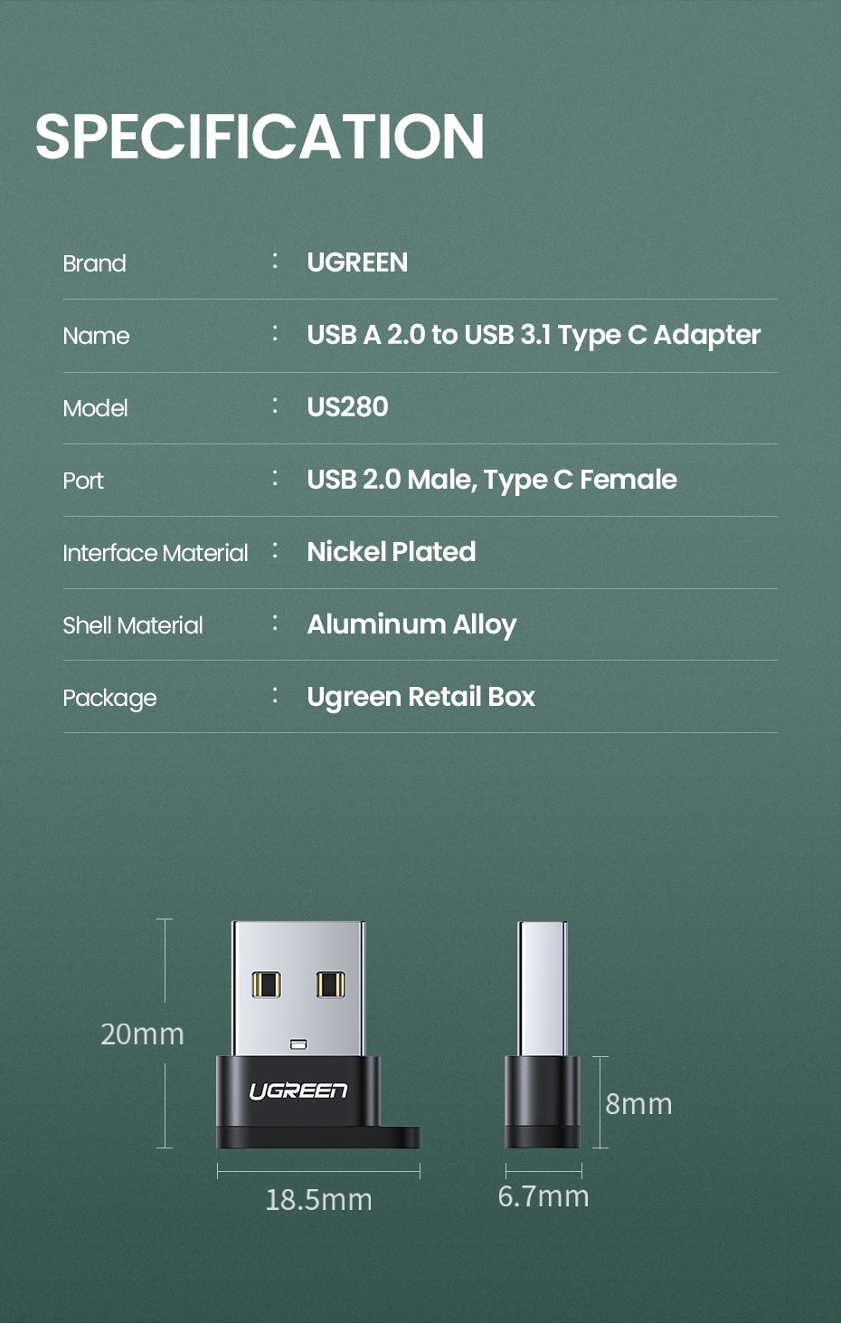UGREEN 50568 USB-C 3.1 Female to USB-A 2.0 Male Adapter - SuperSaverAU - view 10