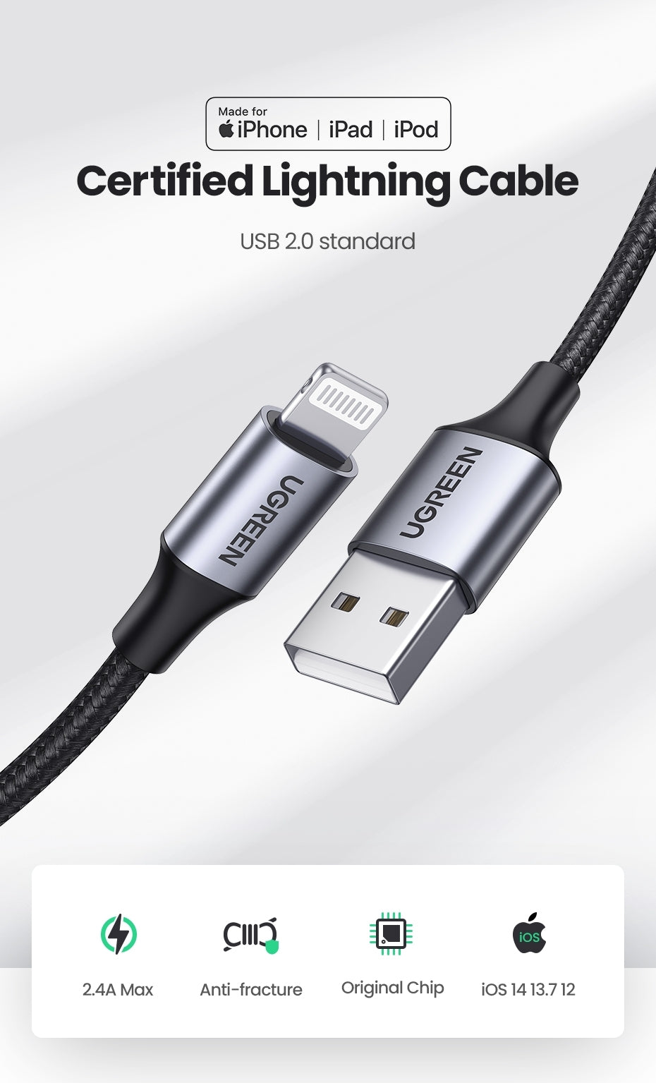 UGREEN 60163 USB-A to 8-pin iPhone Charging Cable 2M Silver - SuperSaverAU - view 7