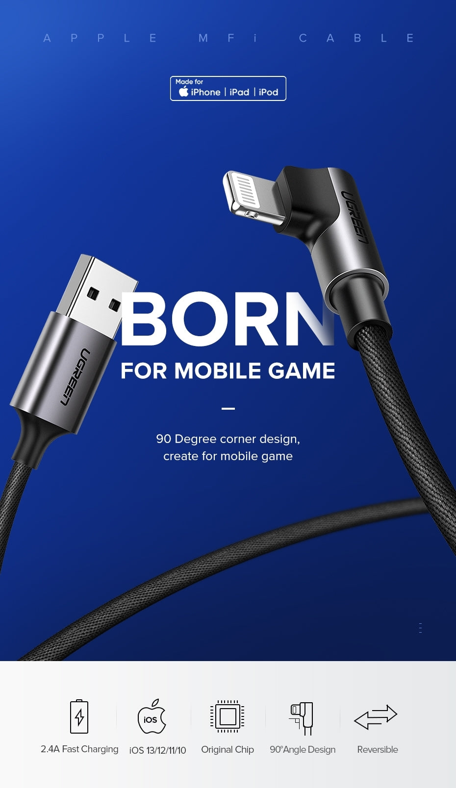 UGREEN 60521 USB-A to 8-pin 90 Degree Angel Cable 1M - SuperSaverAU - view 3