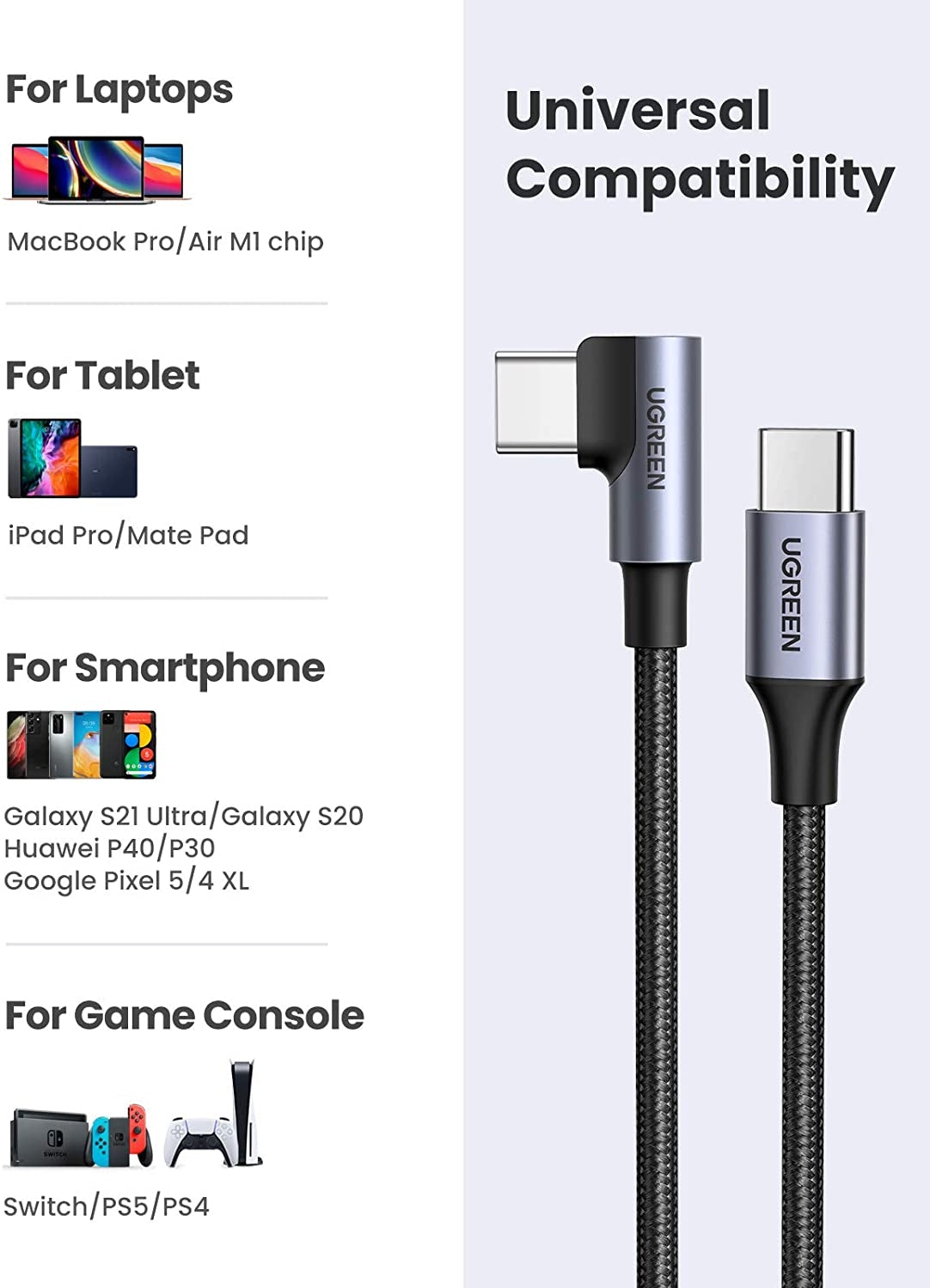 UGREEN 80714 USB-C 2.0 to Angle USB-C Cable Black 3M - SuperSaverAU - view 5