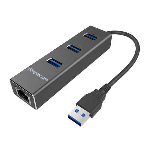 Simplecom Aluminium USB 3.0 Hub with 3 Ports & Gigabit Ethernet Adapter 1000Mbps Black - SuperSaverAU - view 1