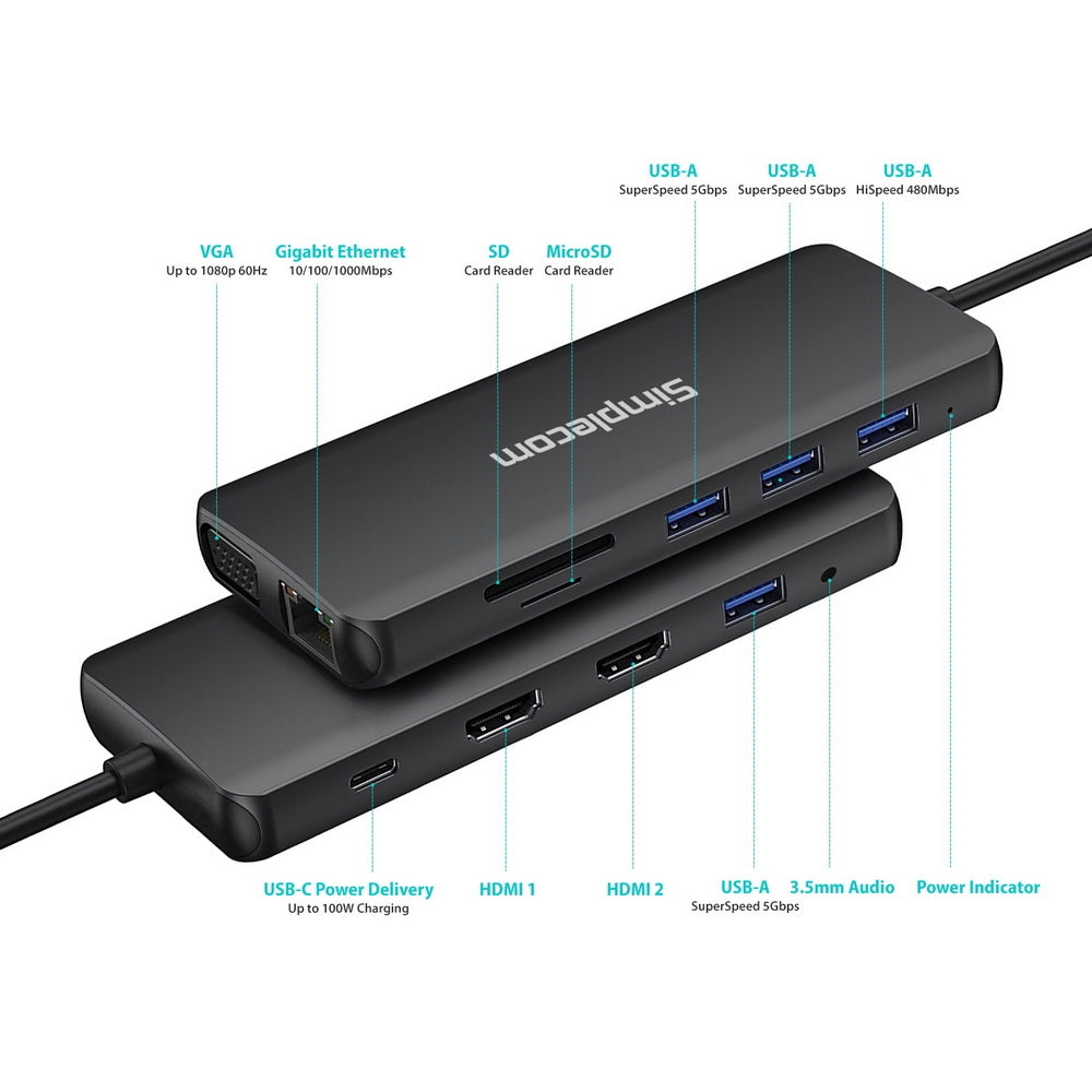 Simplecom CHN612 USB-C 12-in-1 Multiport Docking Station Dual HDMI + VGA Triple Display Gigabit LAN - SuperSaverAU - view 4