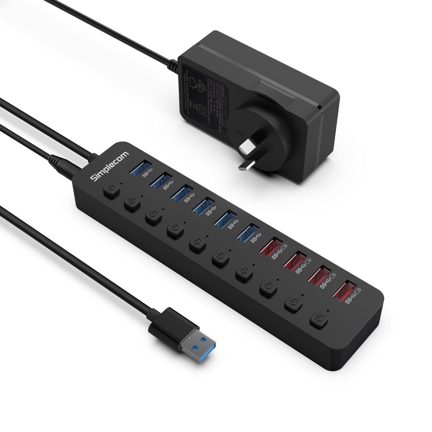 Simplecom 10-Port USB 3.0 Hub & Charger, 48W, Individual Switches, BC 1.2 Fast Charging - SuperSaverAU - view 1