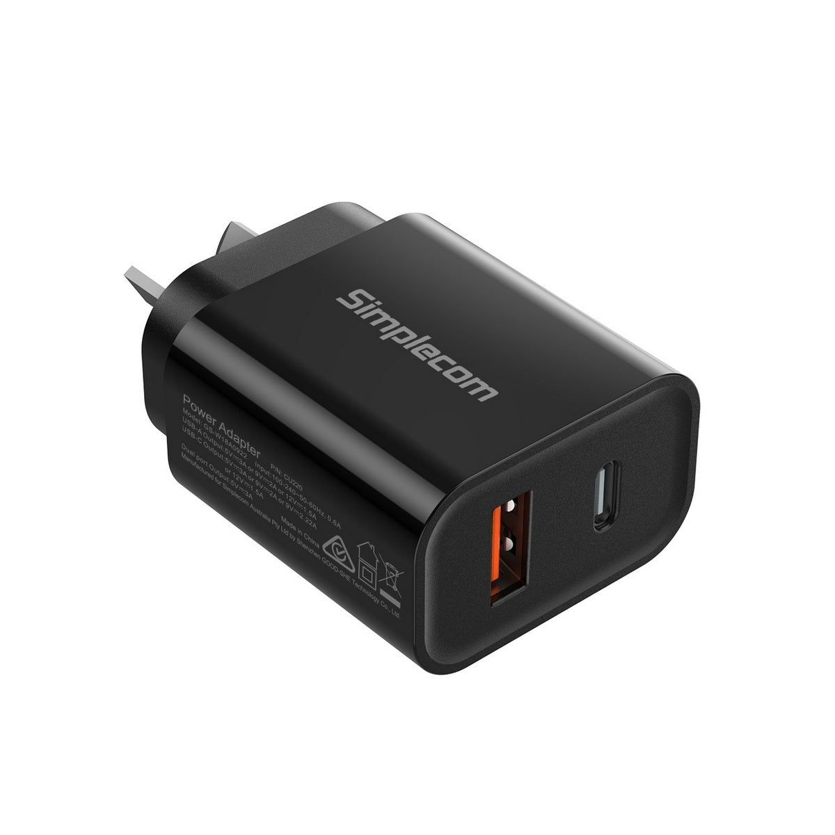 Simplecom CU220 Dual Port PD 20W Fast Wall Charger USB-C + USB-A for Phone Tablet - SuperSaverAU - view 1