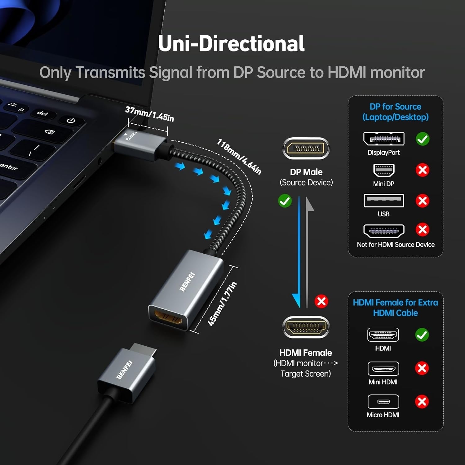 BENFEI 4K DisplayPort to HDMI Adapter, (2K 60Hz, 1080p 120Hz) Uni-Directional Display Port to HDMI Monitor Converter - SuperSaverAU - view 2