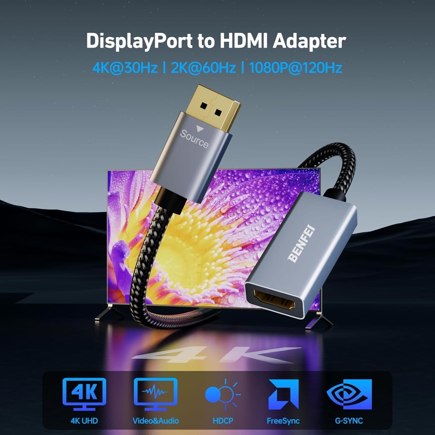 BENFEI 4K DisplayPort to HDMI Adapter, (2K 60Hz, 1080p 120Hz) Uni-Directional Display Port to HDMI Monitor Converter - SuperSaverAU - view 3