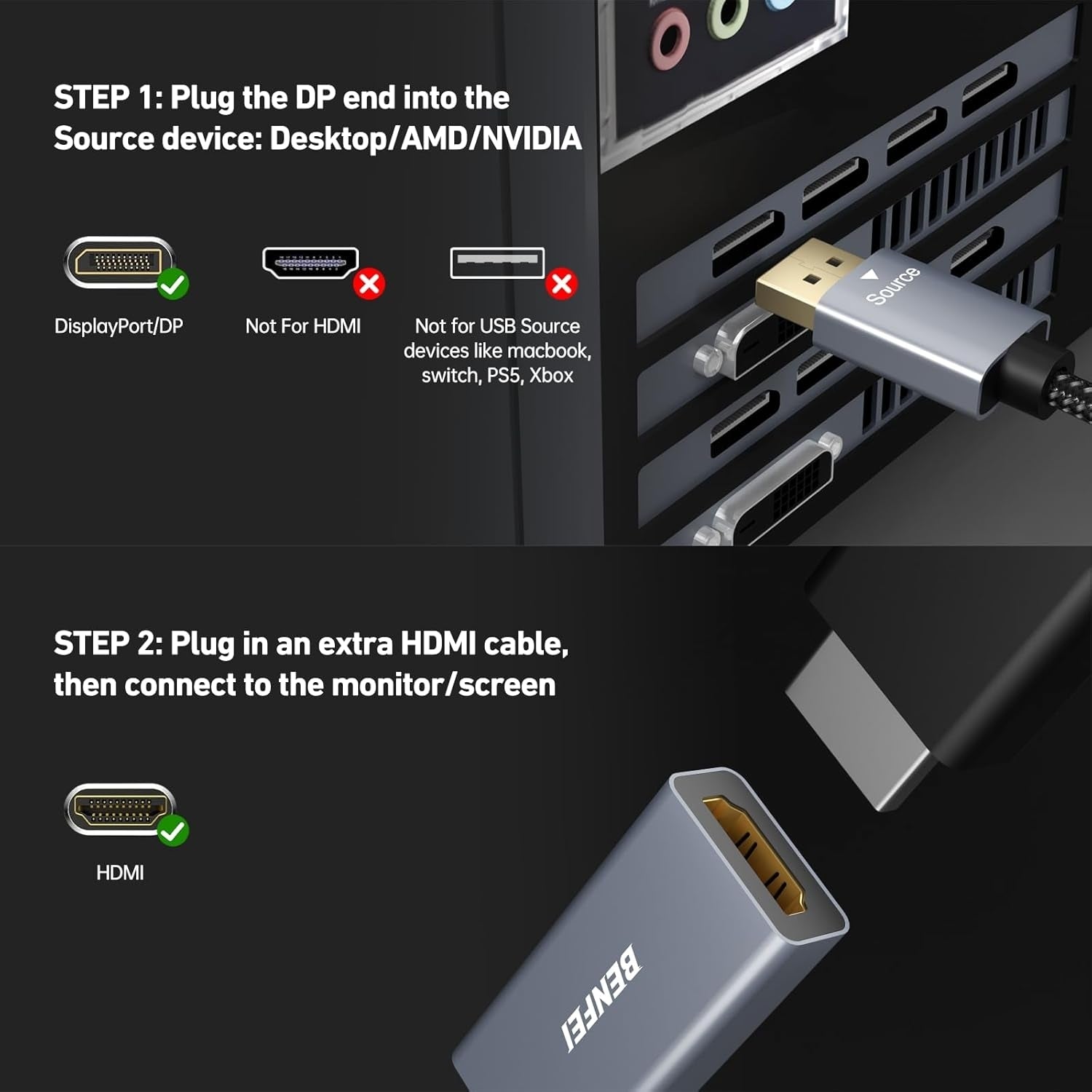 BENFEI 4K DisplayPort to HDMI Adapter, (2K 60Hz, 1080p 120Hz) Uni-Directional Display Port to HDMI Monitor Converter - SuperSaverAU - view 7