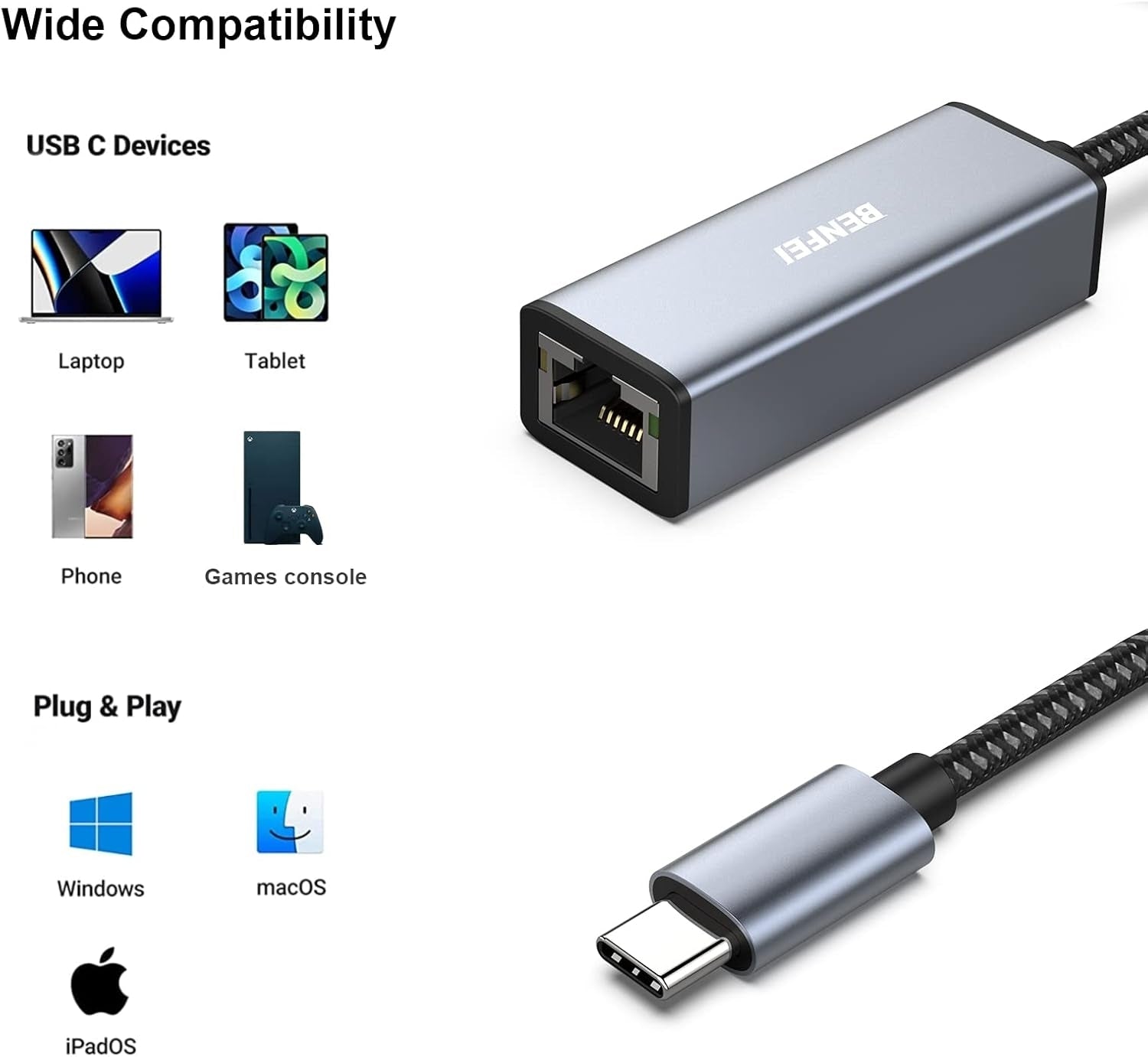 BENFEI USB-C to Ethernet Adapter (Thunderbolt 3 to RJ45) - SuperSaverAU - view 4