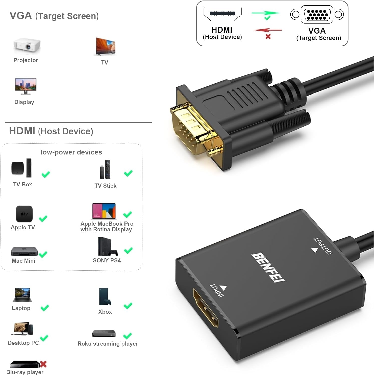 BENFEI HDMI to VGA, Uni-Directional HDMI Computer to VGA Monitor Adapter (Female to Male) with 3.5mm Audio Jack - SuperSaverAU - view 5