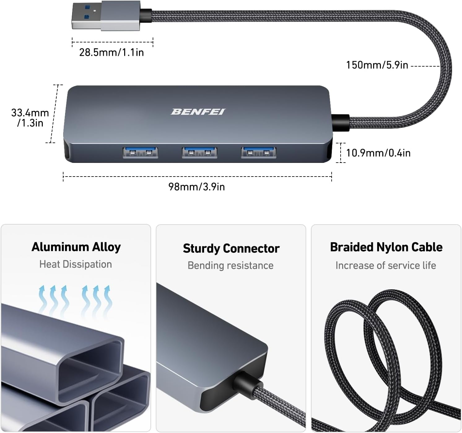 BENFEI USB 3.0 4-port Hub USB A Splitter Ultra-Slim - SuperSaverAU - view 6