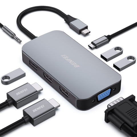 BENFEI 335GY USB-C Hub with Triple Display, 8-in-1 Docking Station (100W PD, Dual 4K HDMI, VGA, 3x USB 3.0) - SuperSaverAU - view 1